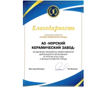 Благодарность за высокие показатели эффективности деятельности организации по итогам 2023 года и вклад в развитие города